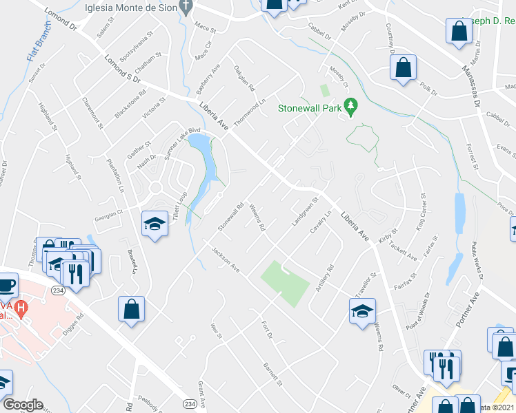 map of restaurants, bars, coffee shops, grocery stores, and more near 8471 Weems Road in Manassas