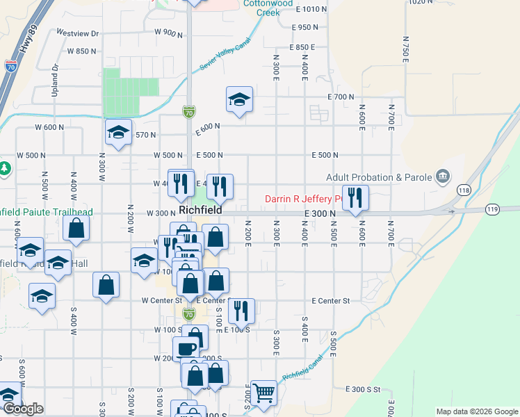 map of restaurants, bars, coffee shops, grocery stores, and more near 245 East 300 North in Richfield