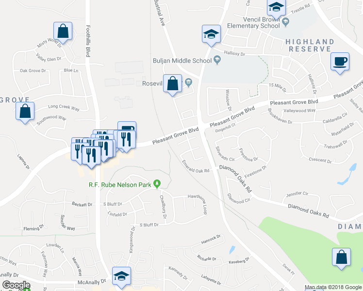 map of restaurants, bars, coffee shops, grocery stores, and more near 124 Lone Oak Court in Roseville