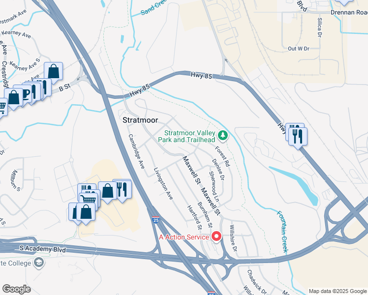map of restaurants, bars, coffee shops, grocery stores, and more near 1131 Valley Manor Court in Colorado Springs
