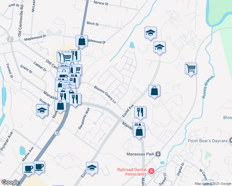 map of restaurants, bars, coffee shops, grocery stores, and more near 8181 Rainwater Circle in Manassas