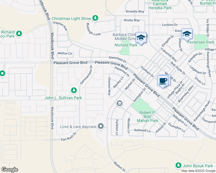 map of restaurants, bars, coffee shops, grocery stores, and more near 3129 Overton Way in Roseville