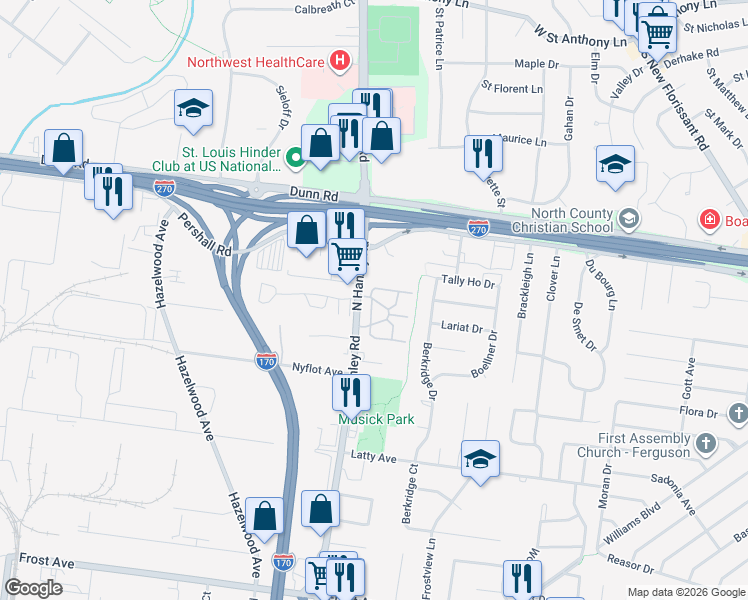 map of restaurants, bars, coffee shops, grocery stores, and more near 8606 Morningaire Circle in Hazelwood