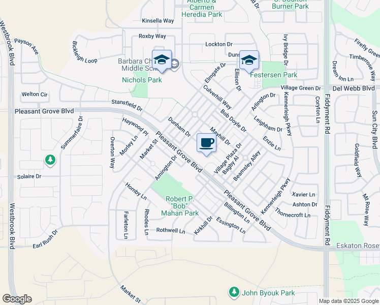 map of restaurants, bars, coffee shops, grocery stores, and more near 2400 Pleasant Grove Boulevard in Roseville