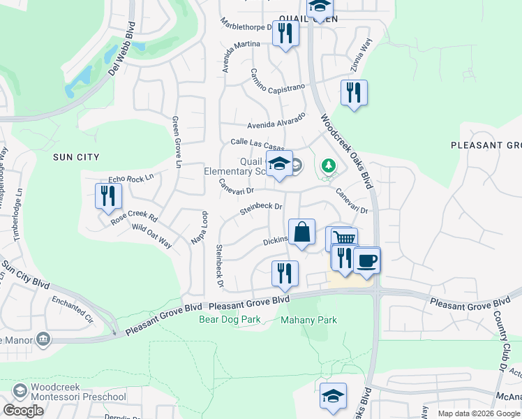 map of restaurants, bars, coffee shops, grocery stores, and more near 1638 Prentiss Drive in Roseville