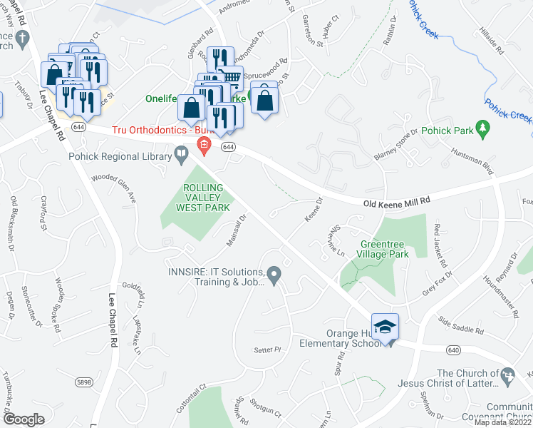 map of restaurants, bars, coffee shops, grocery stores, and more near 6636 Westbury Oaks Court in Springfield