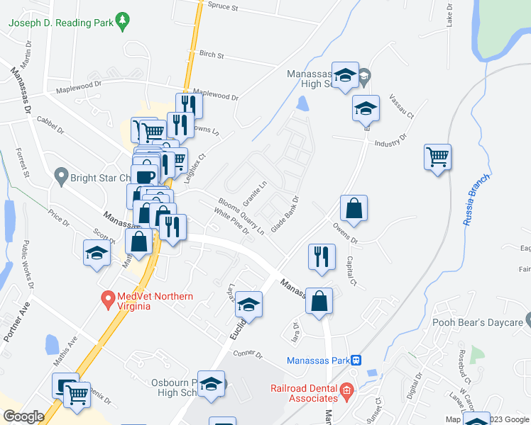 map of restaurants, bars, coffee shops, grocery stores, and more near 8179 Rainwater Circle in Manassas