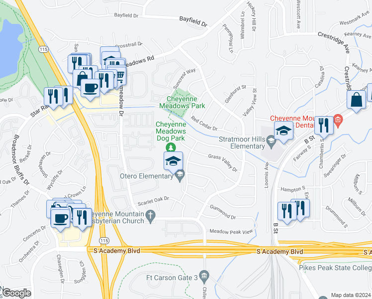 map of restaurants, bars, coffee shops, grocery stores, and more near 1275 Grass Valley Drive in Colorado Springs