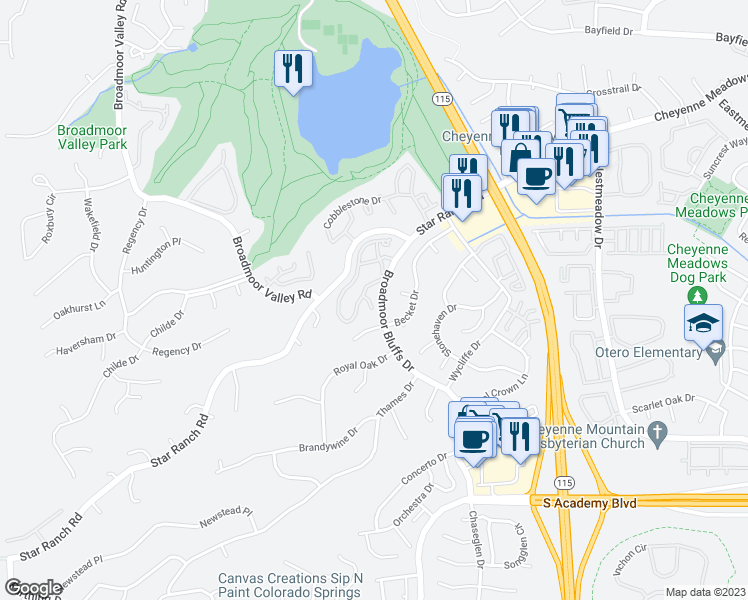 map of restaurants, bars, coffee shops, grocery stores, and more near 4250 Autumn Heights Drive in Colorado Springs
