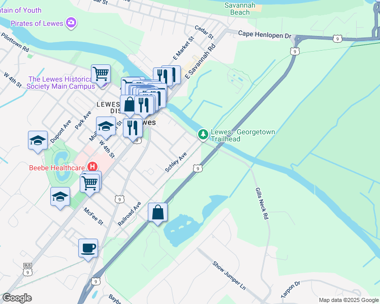 map of restaurants, bars, coffee shops, grocery stores, and more near 129 Schley Avenue in Lewes