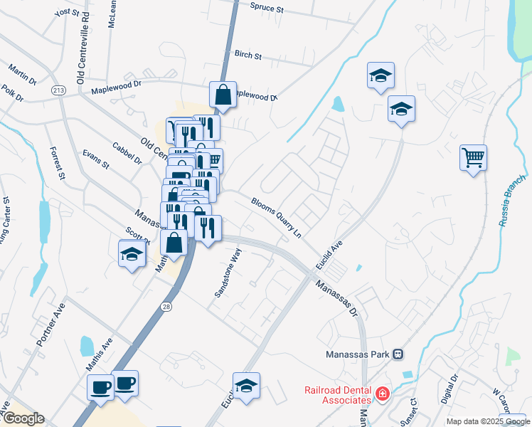 map of restaurants, bars, coffee shops, grocery stores, and more near 8272 White Pine Drive in Manassas Park