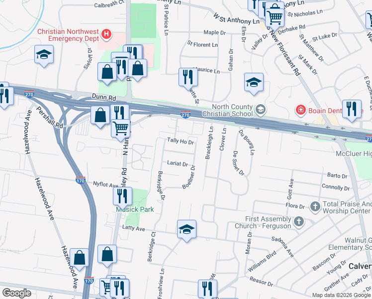 map of restaurants, bars, coffee shops, grocery stores, and more near 8408 Bridle Spur Drive in Hazelwood