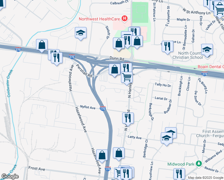 map of restaurants, bars, coffee shops, grocery stores, and more near 8711 Carmel Court in Hazelwood