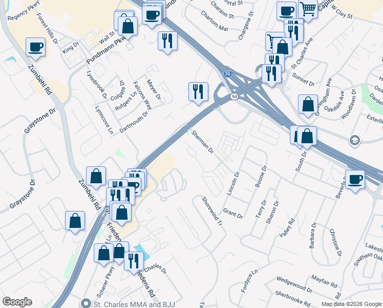 map of restaurants, bars, coffee shops, grocery stores, and more near 2104 Sherman Square Drive in Saint Charles