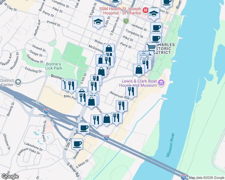 map of restaurants, bars, coffee shops, grocery stores, and more near 1213 Hillcrest Lane in Saint Charles