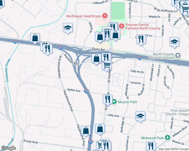 map of restaurants, bars, coffee shops, grocery stores, and more near 8711 Carmel Court in Hazelwood