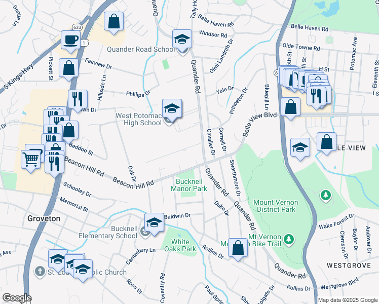 map of restaurants, bars, coffee shops, grocery stores, and more near 2219 Stokes Lane in Alexandria