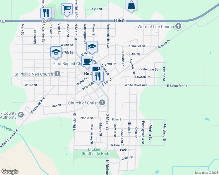 map of restaurants, bars, coffee shops, grocery stores, and more near 300-398 Durbin Street in Bicknell