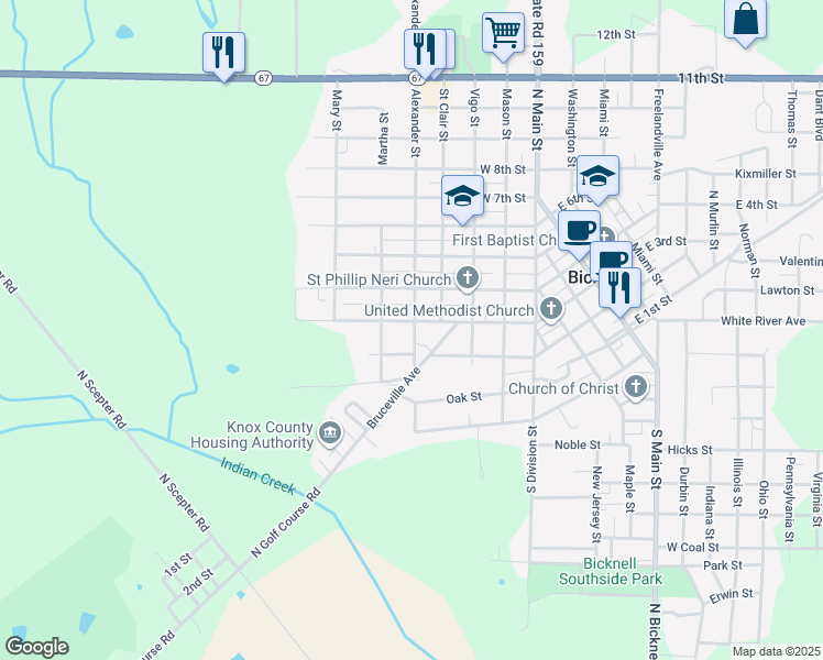 map of restaurants, bars, coffee shops, grocery stores, and more near 201 Alexandria Street in Bicknell