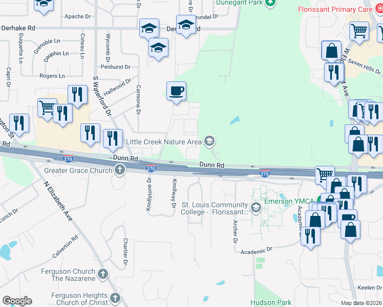 map of restaurants, bars, coffee shops, grocery stores, and more near 1676 Summer Run Drive in Florissant