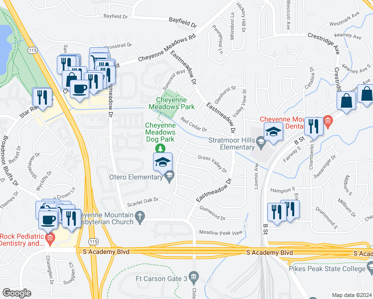 map of restaurants, bars, coffee shops, grocery stores, and more near 1306 Grass Valley Drive in Colorado Springs