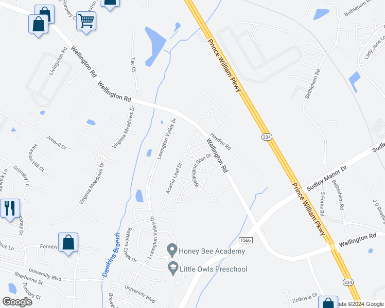 map of restaurants, bars, coffee shops, grocery stores, and more near Boltonia Drive in Manassas