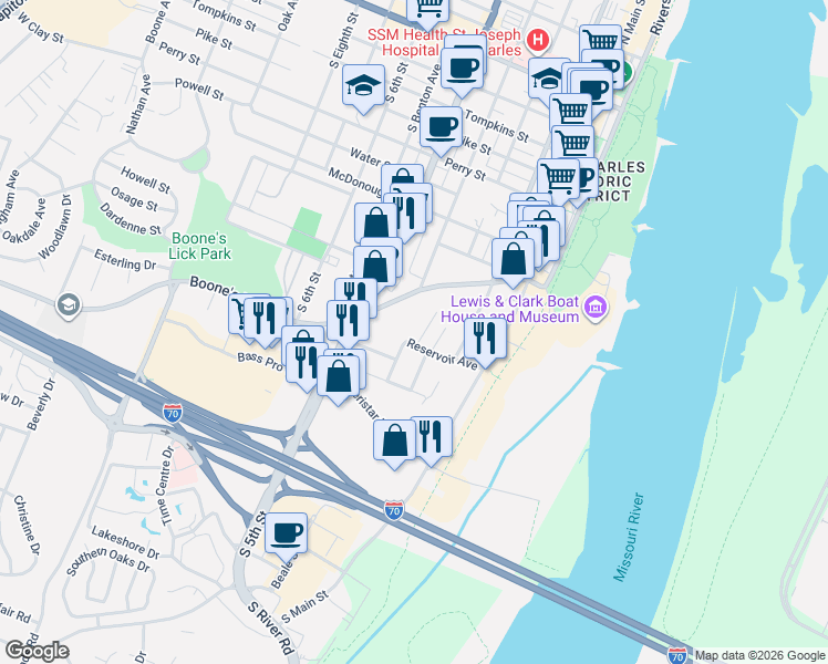 map of restaurants, bars, coffee shops, grocery stores, and more near 1213 Hillcrest Lane in Saint Charles