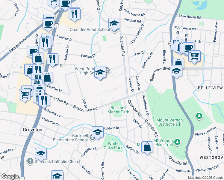 map of restaurants, bars, coffee shops, grocery stores, and more near 2301 Stokes Ln in Alexandria