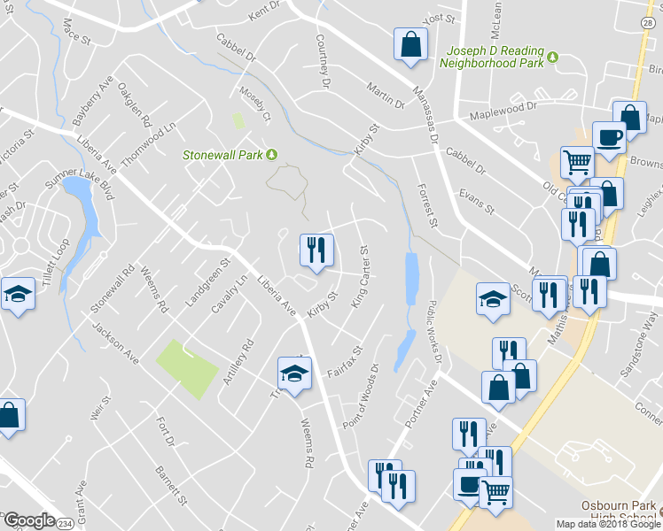 map of restaurants, bars, coffee shops, grocery stores, and more near 9006 New Britain Circle in Manassas