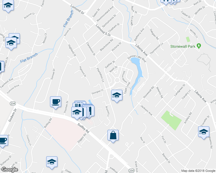 map of restaurants, bars, coffee shops, grocery stores, and more near 8399 Gaither Street in Manassas