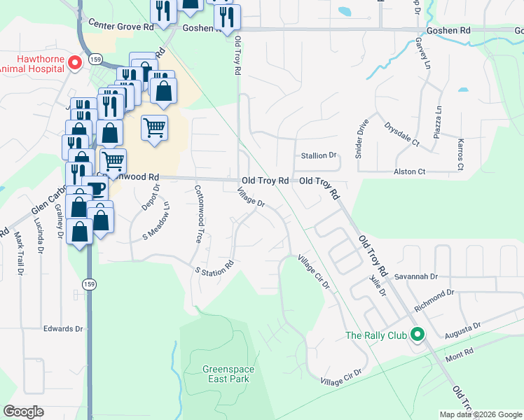 map of restaurants, bars, coffee shops, grocery stores, and more near 203 Village Drive in Glen Carbon