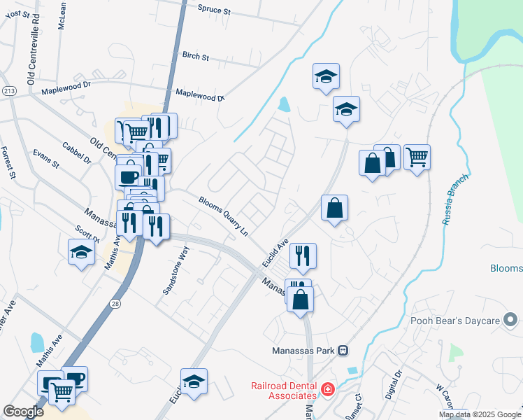 map of restaurants, bars, coffee shops, grocery stores, and more near 8010 Duck Pond Terrace in Manassas
