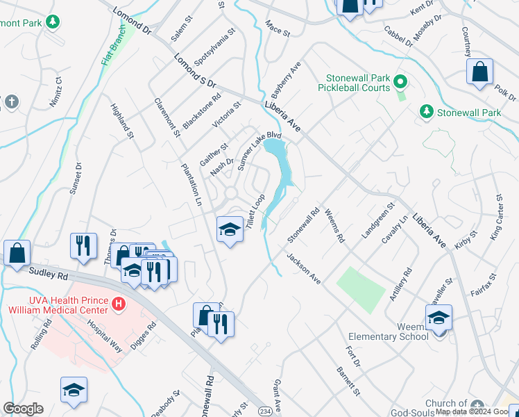 map of restaurants, bars, coffee shops, grocery stores, and more near 8345 Tillett Loop in Manassas