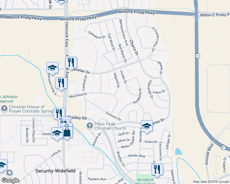 map of restaurants, bars, coffee shops, grocery stores, and more near 5104 Manzana Lane in Colorado Springs