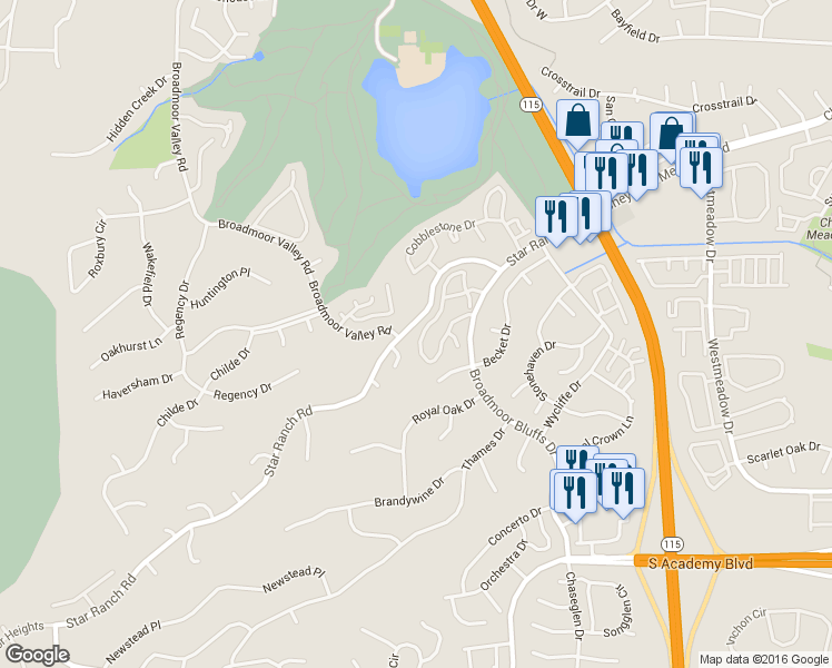 map of restaurants, bars, coffee shops, grocery stores, and more near 4212 Star Vista Court in Colorado Springs