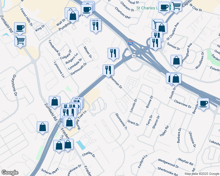 map of restaurants, bars, coffee shops, grocery stores, and more near 2104 Sherman Square Drive in Saint Charles