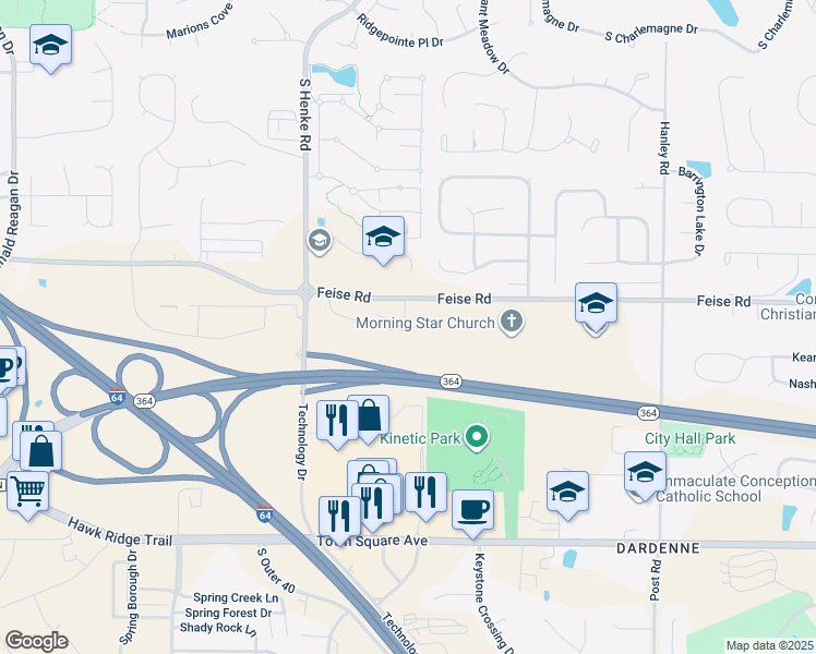 map of restaurants, bars, coffee shops, grocery stores, and more near 202 Stonewall Creek Drive in Dardenne Prairie