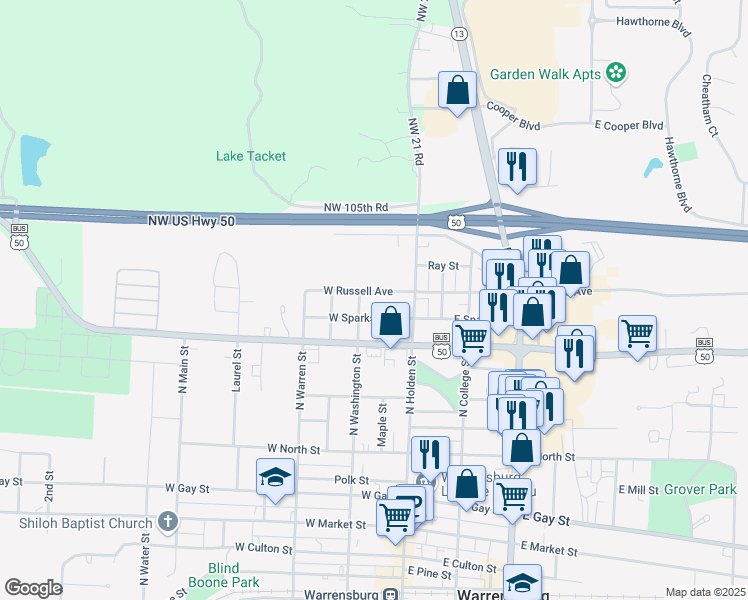 map of restaurants, bars, coffee shops, grocery stores, and more near 121 West Sparks Street in Warrensburg