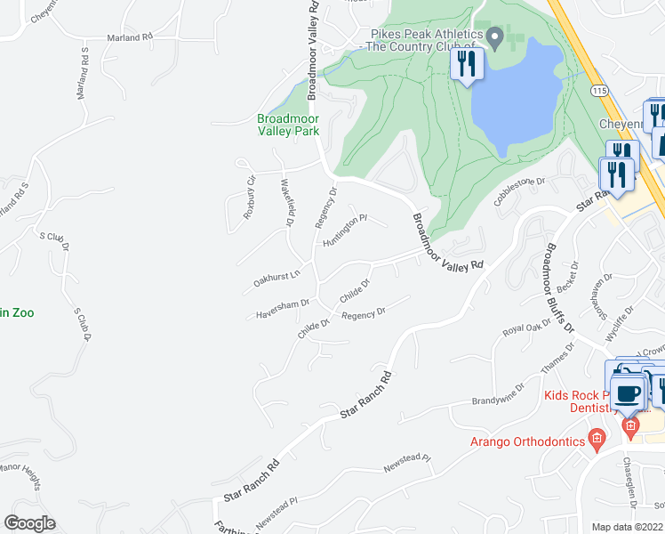 map of restaurants, bars, coffee shops, grocery stores, and more near 150 Broadmoor Hills Drive in Colorado Springs