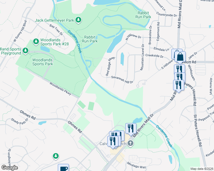 map of restaurants, bars, coffee shops, grocery stores, and more near 7 Warm Springs Court in Saint Peters