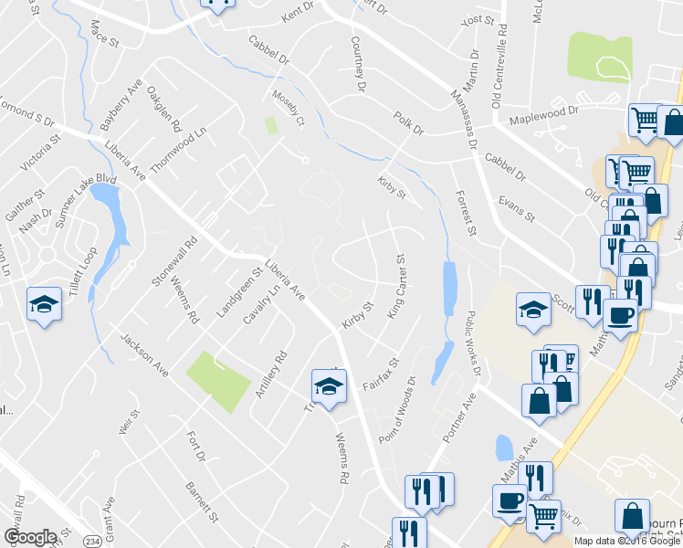 map of restaurants, bars, coffee shops, grocery stores, and more near 9035 New Britain Circle in Manassas