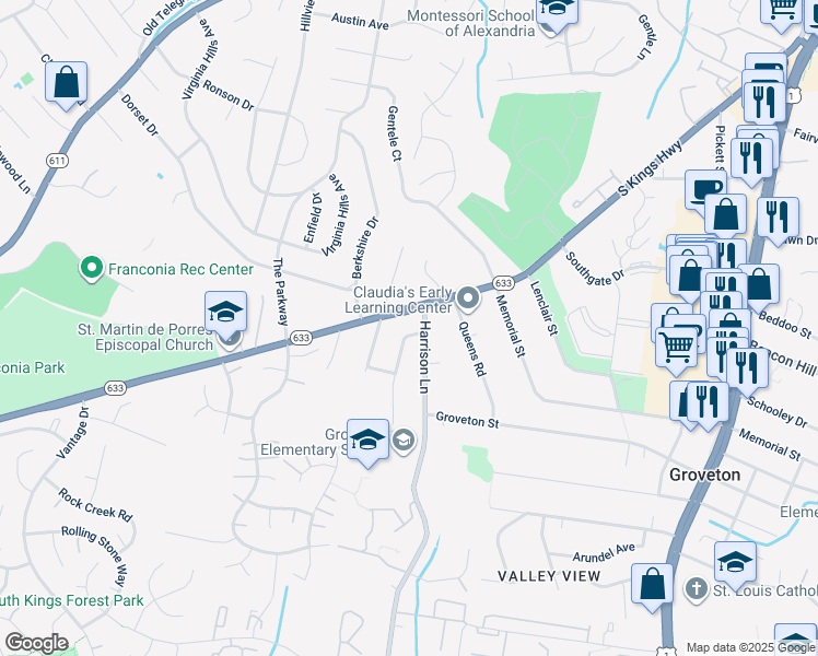 map of restaurants, bars, coffee shops, grocery stores, and more near 6704 Amlong Avenue in Alexandria