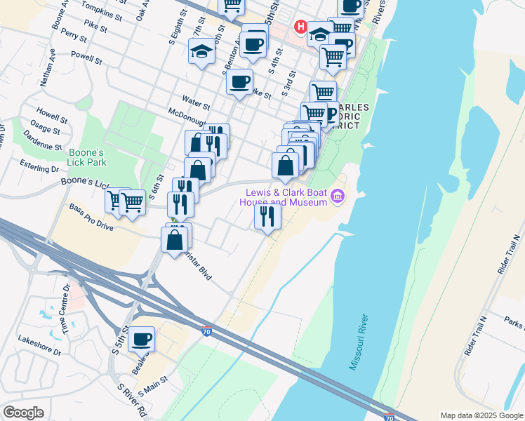 map of restaurants, bars, coffee shops, grocery stores, and more near 1118 South 2nd Street in Saint Charles