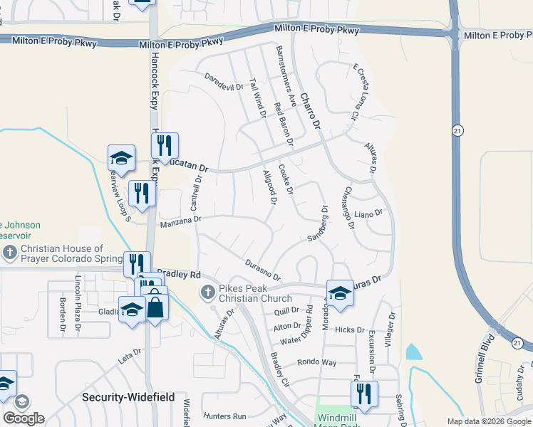 map of restaurants, bars, coffee shops, grocery stores, and more near 5104 Manzana Lane in Colorado Springs