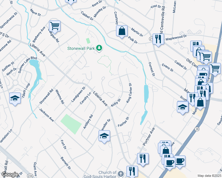 map of restaurants, bars, coffee shops, grocery stores, and more near 9035 New Britain Circle in Manassas