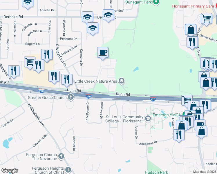 map of restaurants, bars, coffee shops, grocery stores, and more near 1676 Summer Run Drive in Florissant
