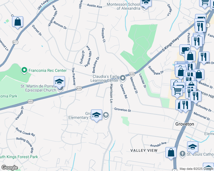 map of restaurants, bars, coffee shops, grocery stores, and more near 6704 Amlong Avenue in Alexandria
