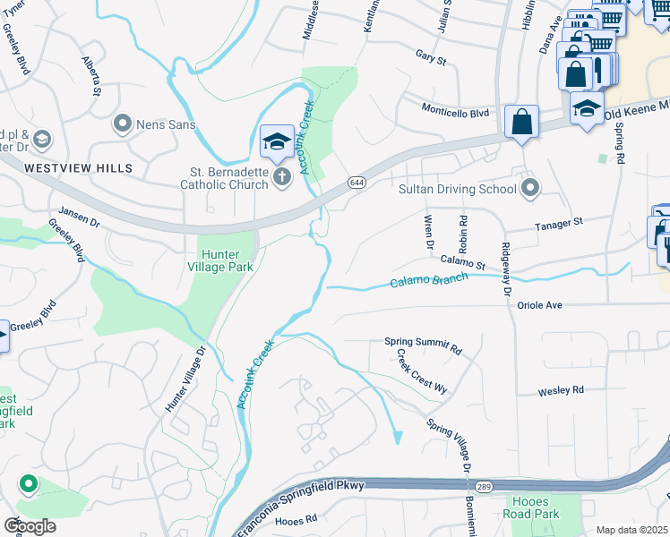 map of restaurants, bars, coffee shops, grocery stores, and more near 6505 Ridgeway Drive in Springfield