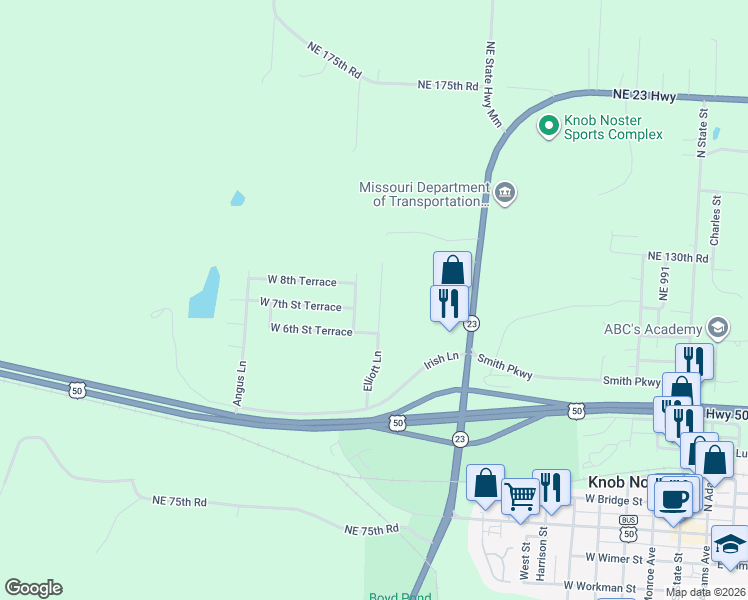 map of restaurants, bars, coffee shops, grocery stores, and more near 802 Kendrick Street in Knob Noster