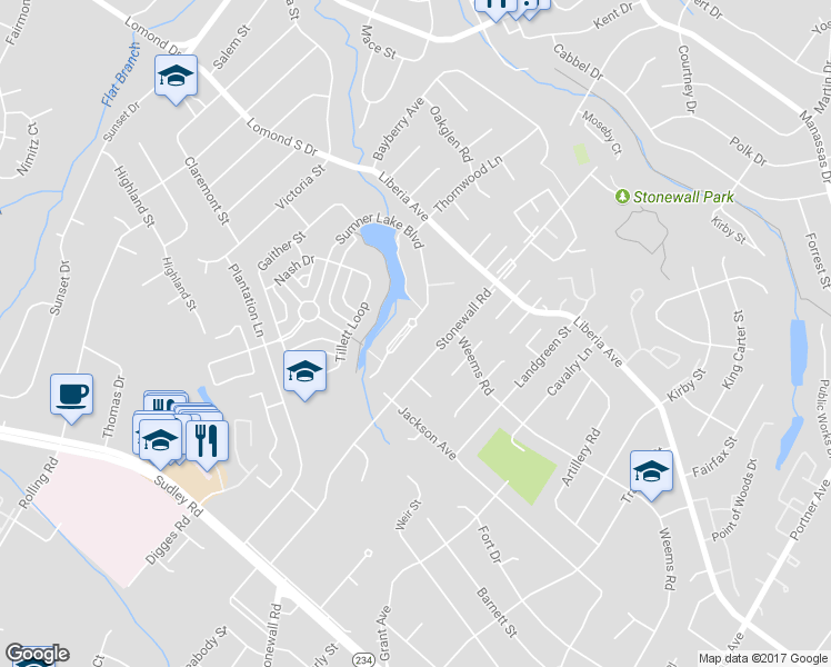 map of restaurants, bars, coffee shops, grocery stores, and more near 9265 Sumner Lake Boulevard in Manassas